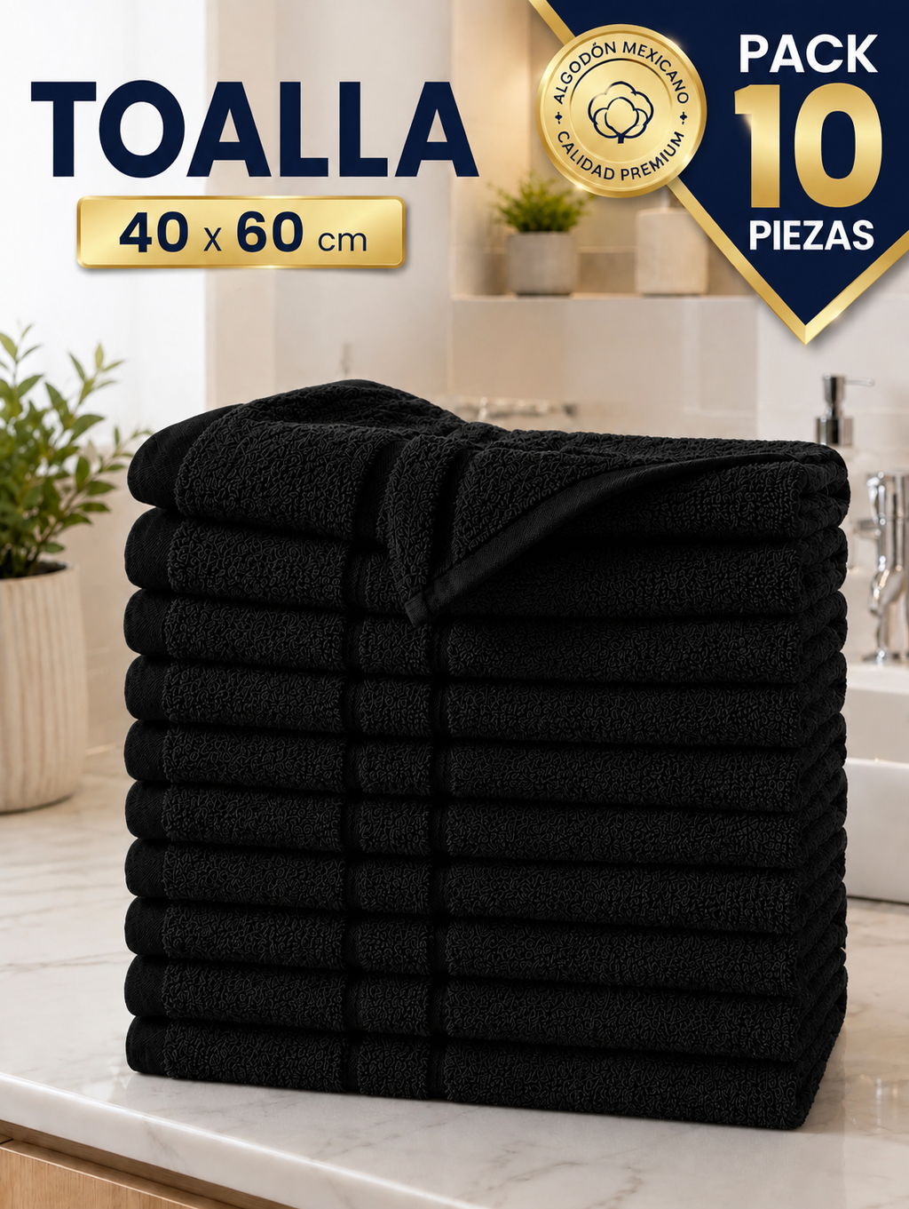 10 PIEZAS TOALLA DE MANOS NEGRO 100% ALGODON 60X40CM GRUESA Y ABSORBENTE