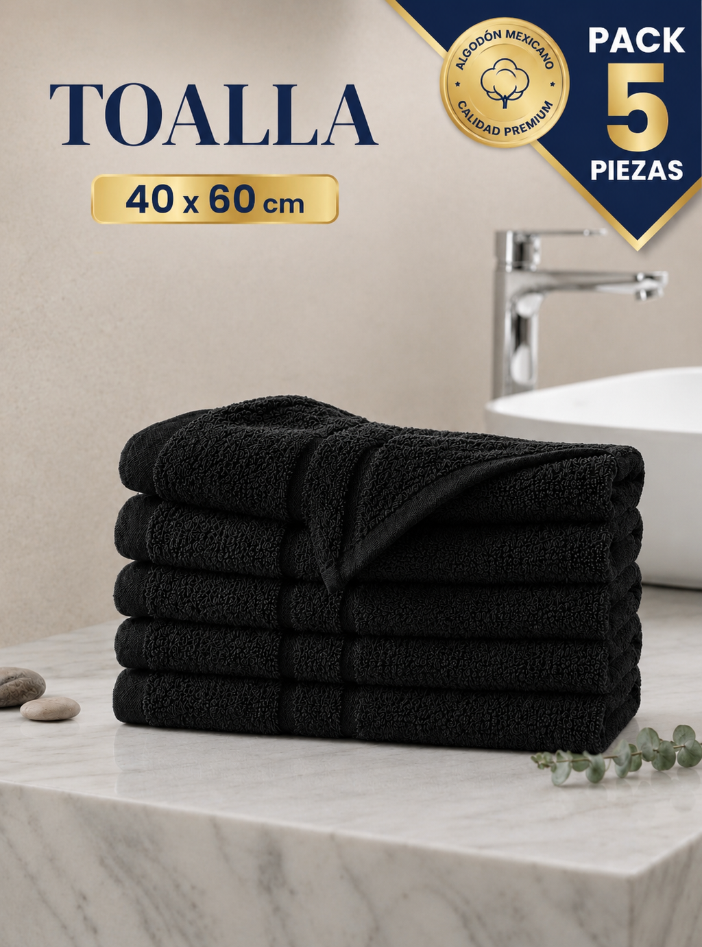5 PIEZAS TOALLA DE MANOS NEGRO 100% ALGODON 60X40CM GRUESA ABSORBENTE