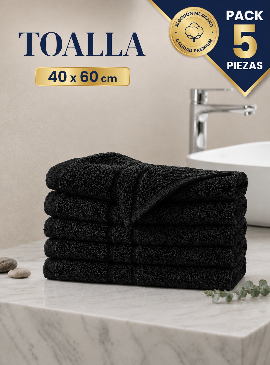 5 PIEZAS TOALLA DE MANOS NEGRO 100% ALGODON 60X40CM GRUESA ABSORBENTE