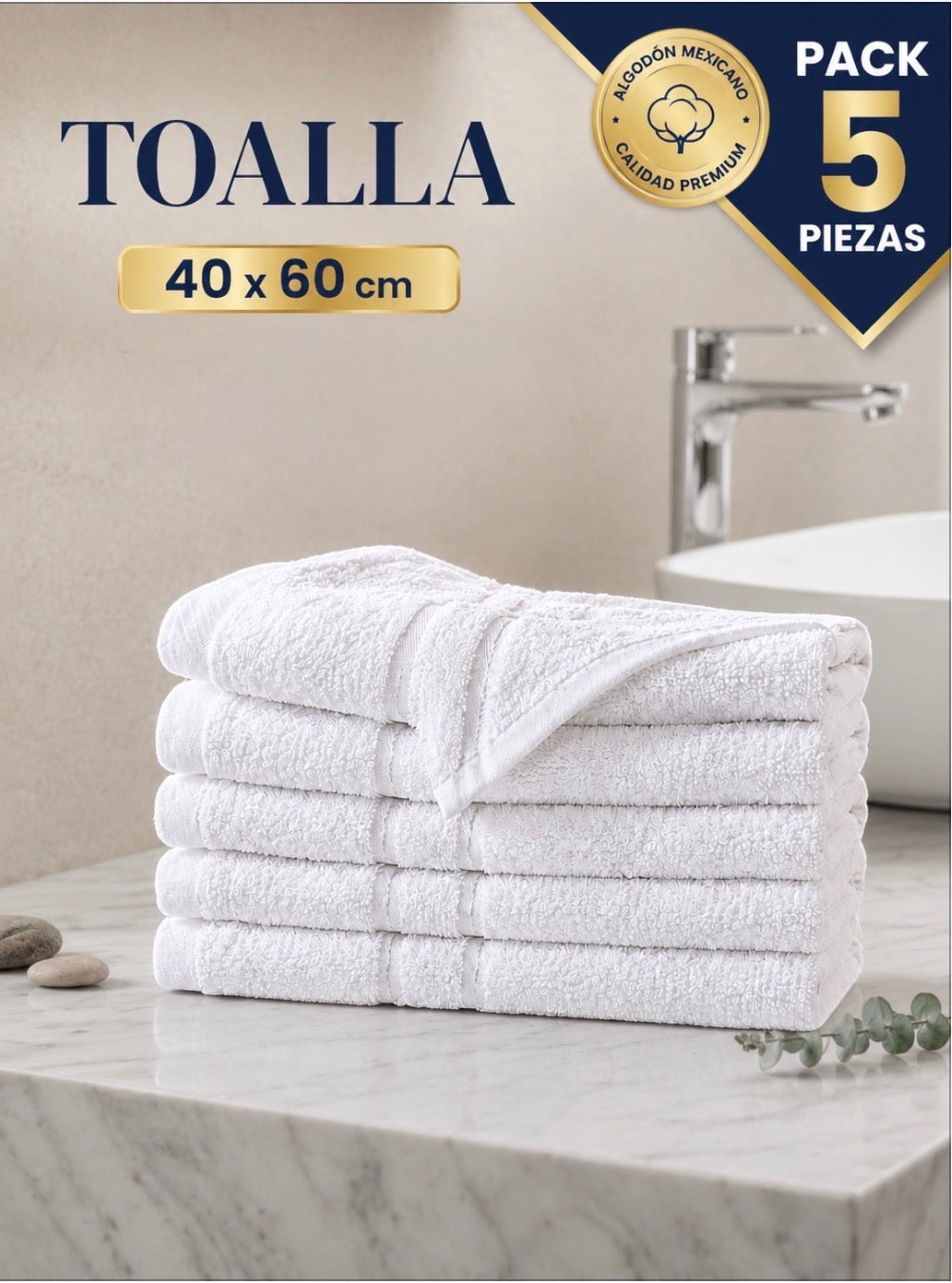 5 PIEZAS TOALLA DE MANOS BLANCO 100% ALGODON 60X40CM GRUESA Y ABSORBENTE