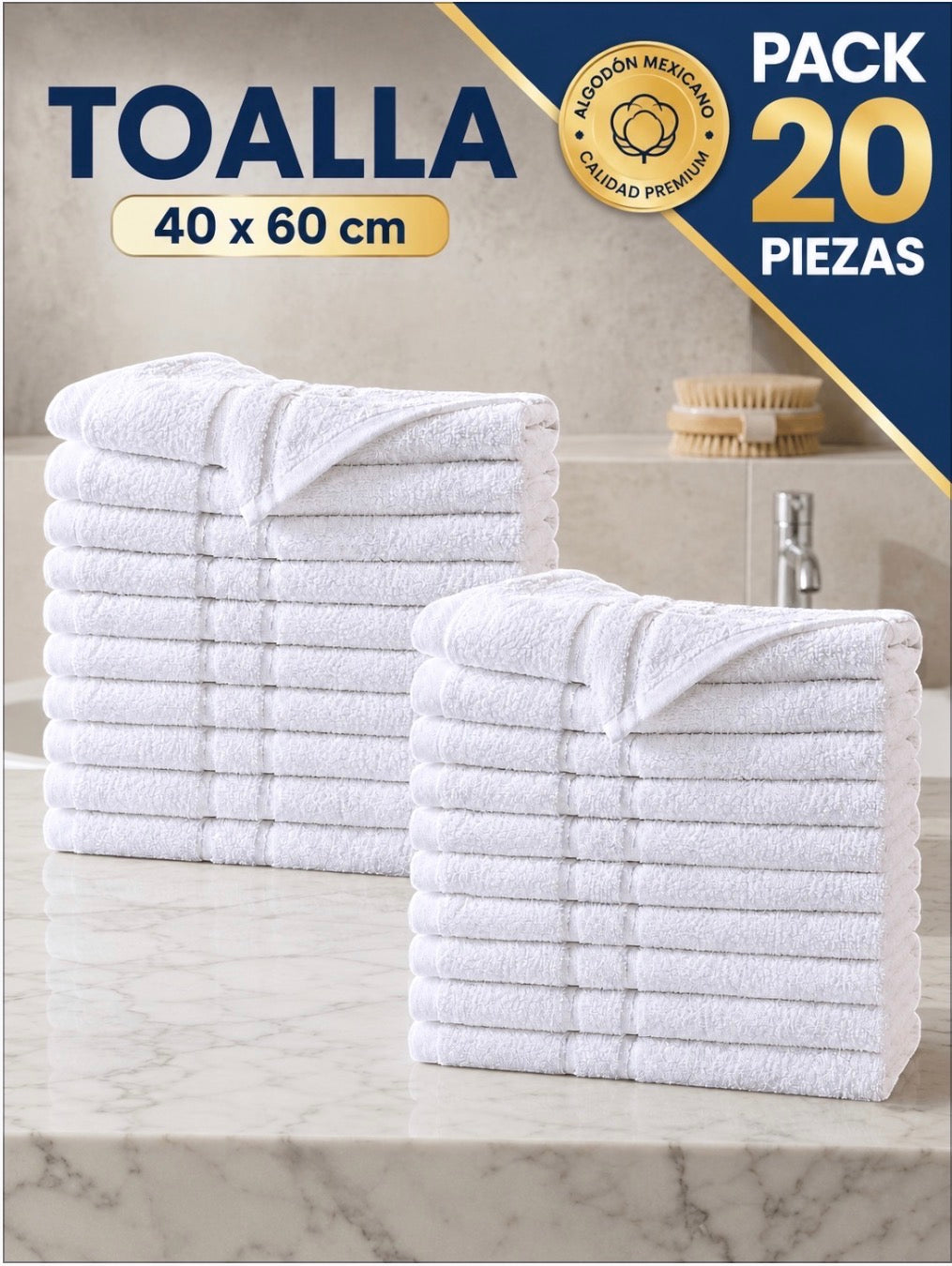 20 PIEZAS TOALLA DE MANOS BLANCO 100% ALGODON 60X40CM GRUESA Y ABSORBENTE