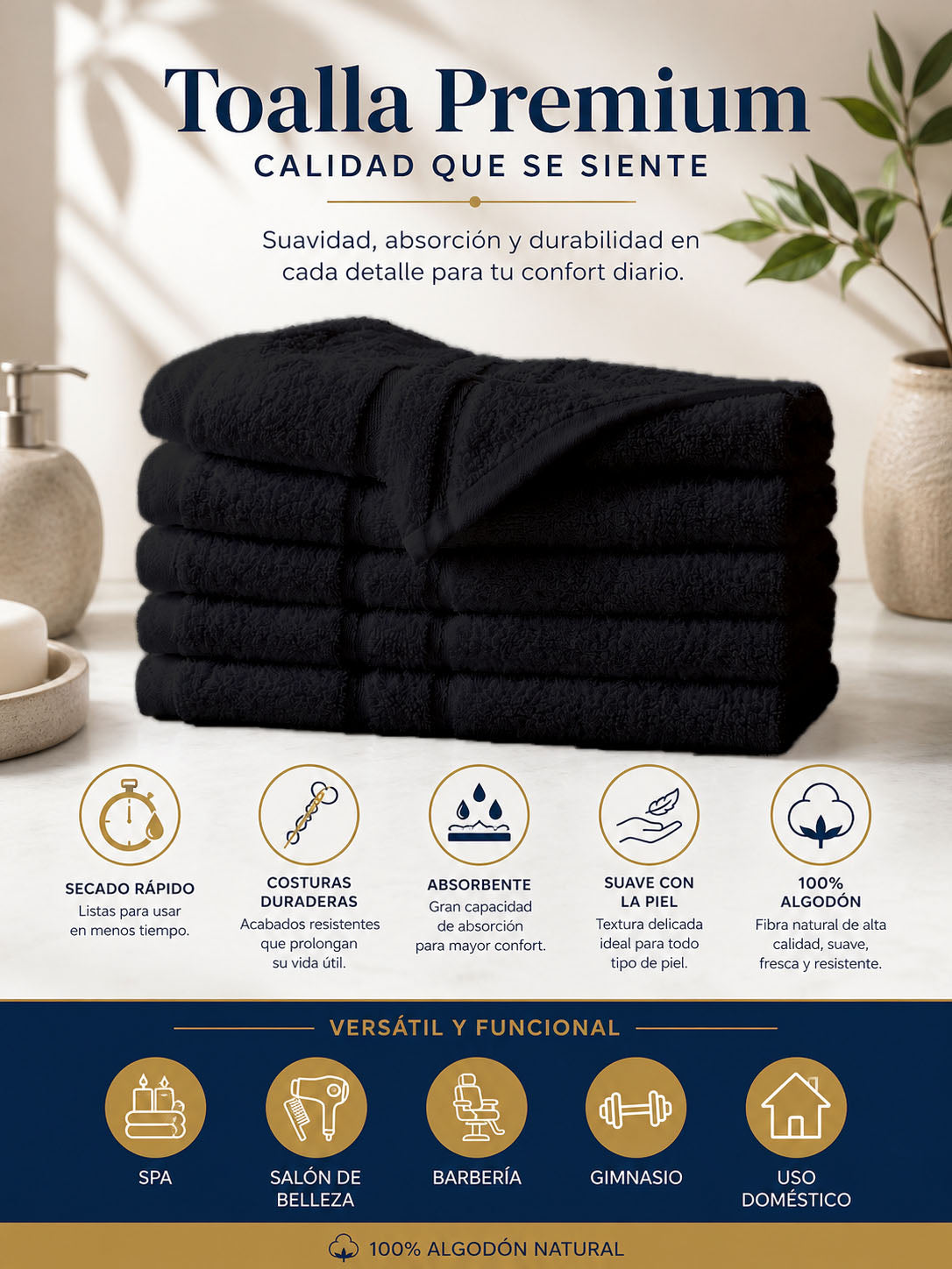 5 PIEZAS TOALLA DE MANOS NEGRO 100% ALGODON 60X40CM GRUESA ABSORBENTE
