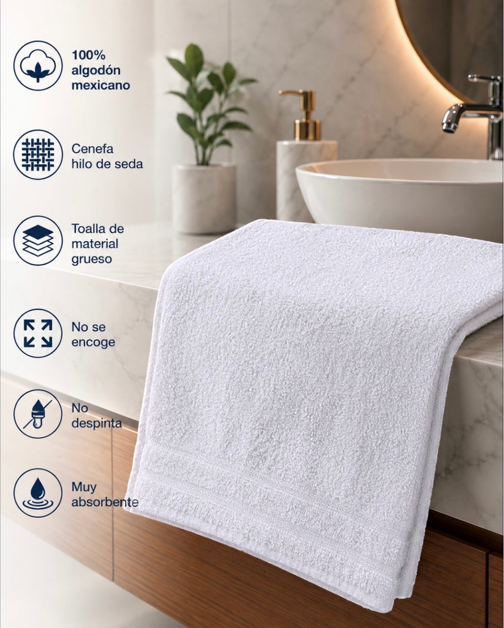 5 PIEZAS TOALLA DE MANOS BLANCO 100% ALGODON 60X40CM GRUESA Y ABSORBENTE