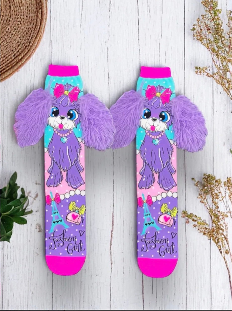 12 PARES DE CALCETA LOCA TALLA 1 A 5 AÑOS (13 a 20cm) un solo diseño PERRITO OREJAS MORADAS