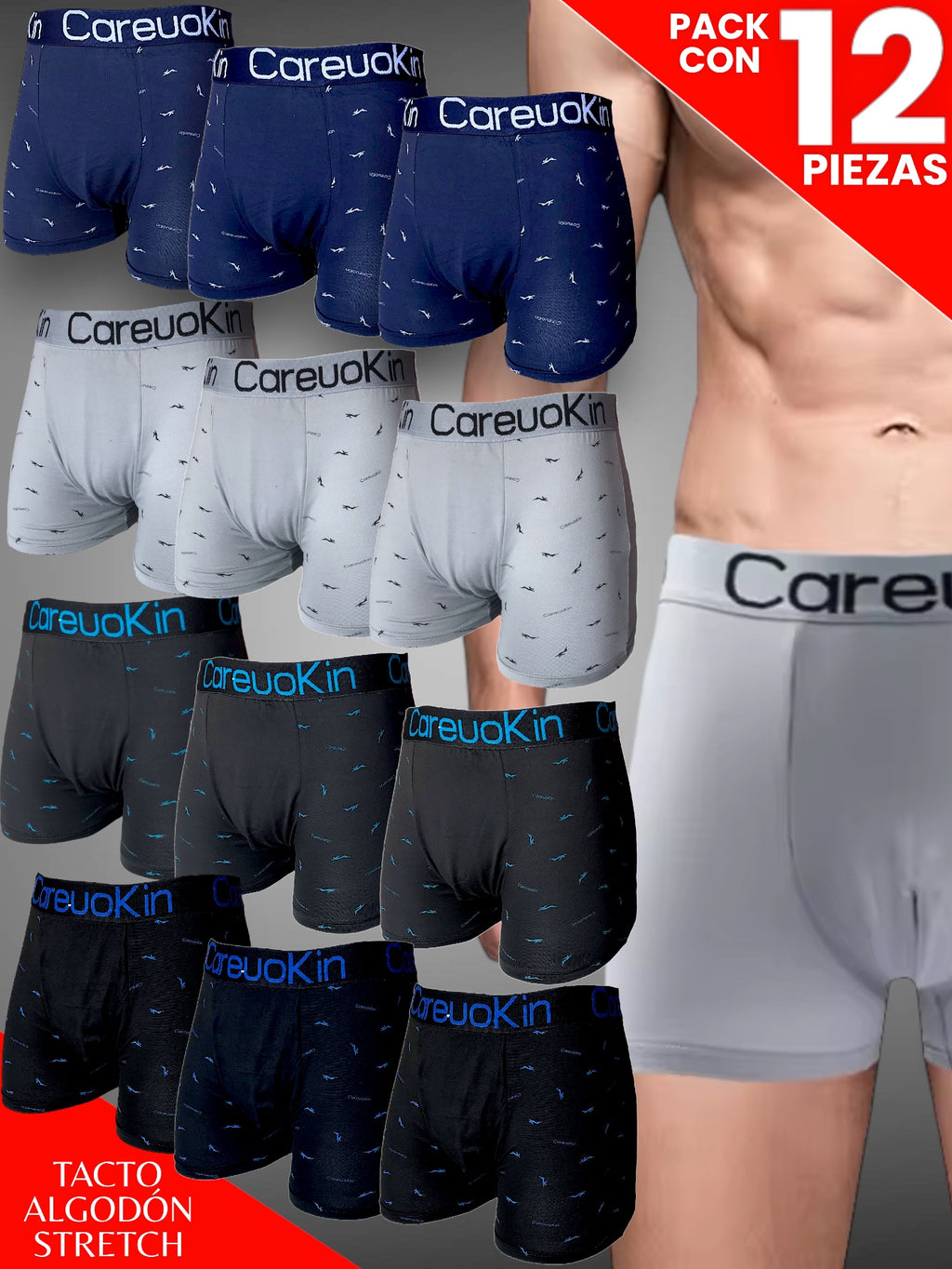 12 PIEZAS DE BOXER PARA CABALLERO TACTO ALGODON STRETCH, CÓMODO, SUAVE, PERFECTO SOPORTE Y CONFORT