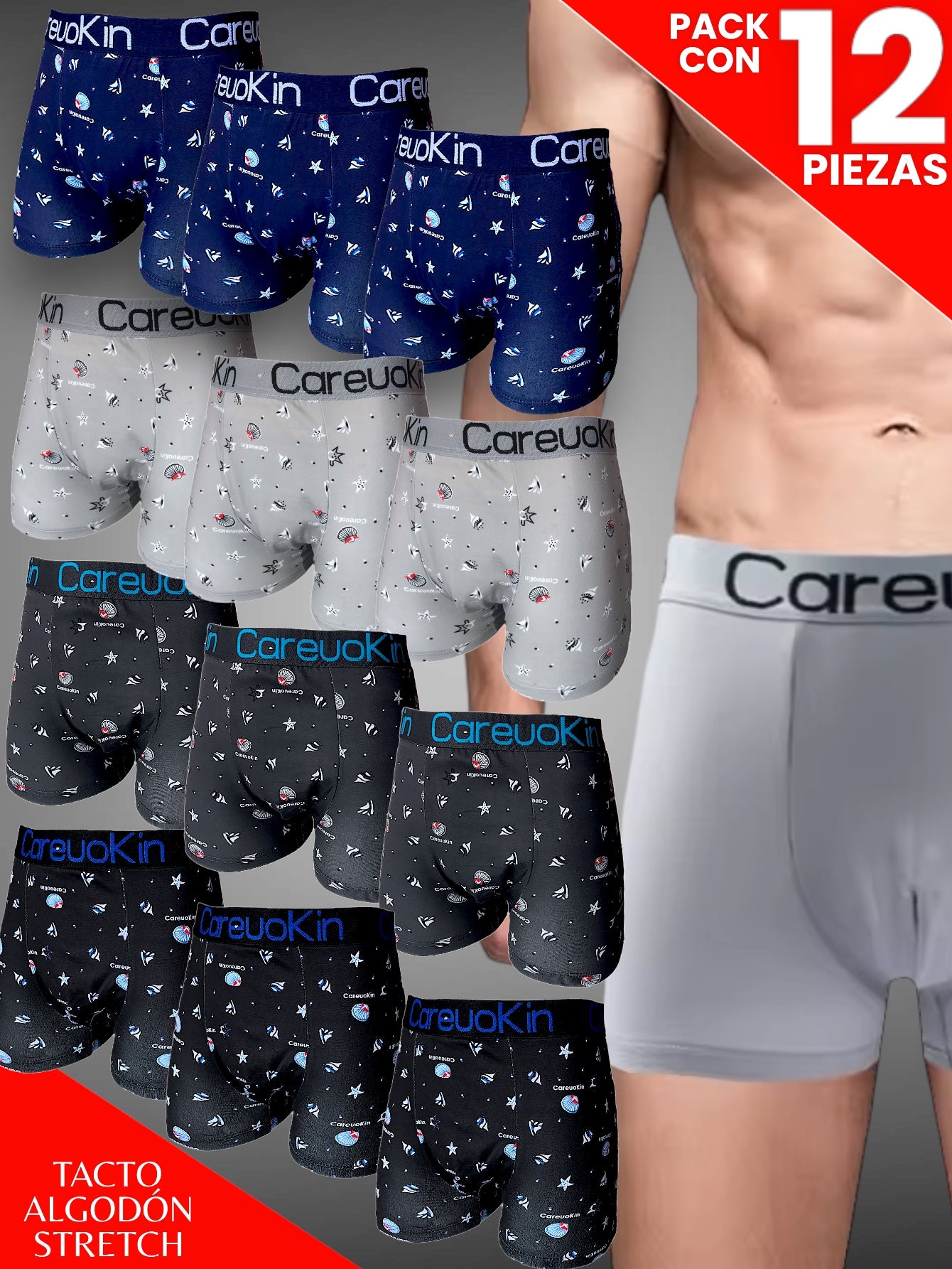 12 PIEZAS DE BOXER PARA CABALLERO TACTO ALGODON STRETCH, CÓMODO, SUAVE, PERFECTO SOPORTE Y CONFORT
