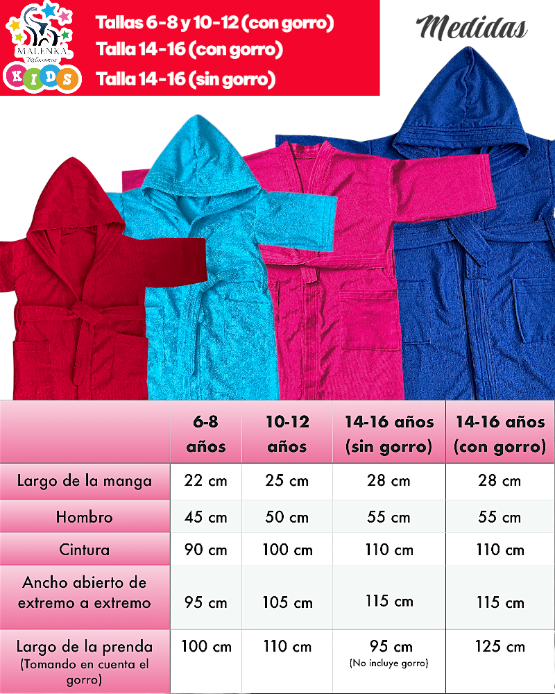 BATA DE BAÑO INFANTIL Y JUVENIL CON CAPUCHA, BOLSILLOS Y CINTA AJUSTABLE