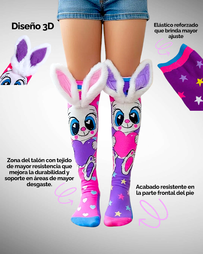 12 PARES DE CALCETA LOCA 3D PREMIUM CONEJO/CORAZONES UNITALLA PARA PIES QUE MIDAN DESDE 15CM HASTA 33CM