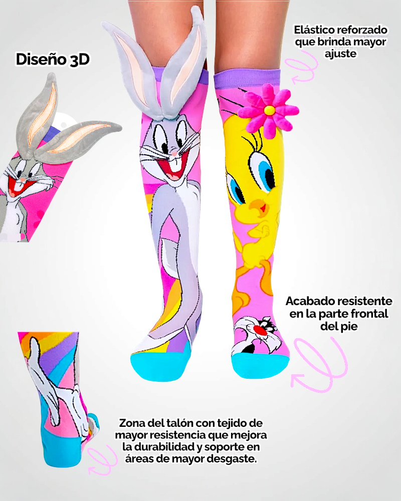 12 PARES DE CALCETA LOCA 3D PREMIUM piolin/bugsbunny UNITALLA PARA PIES QUE MIDAN DESDE 15CM HASTA 33CM