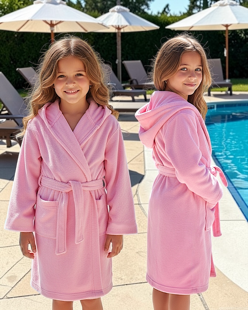 BATA DE BAÑO INFANTIL Y JUVENIL CON CAPUCHA, BOLSILLOS Y CINTA AJUSTABLE