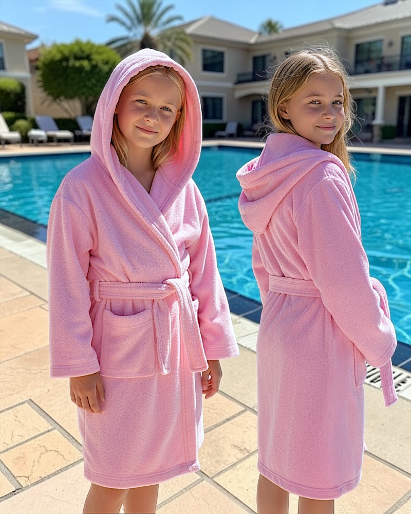 BATA DE BAÑO INFANTIL Y JUVENIL CON CAPUCHA, BOLSILLOS Y CINTA AJUSTABLE
