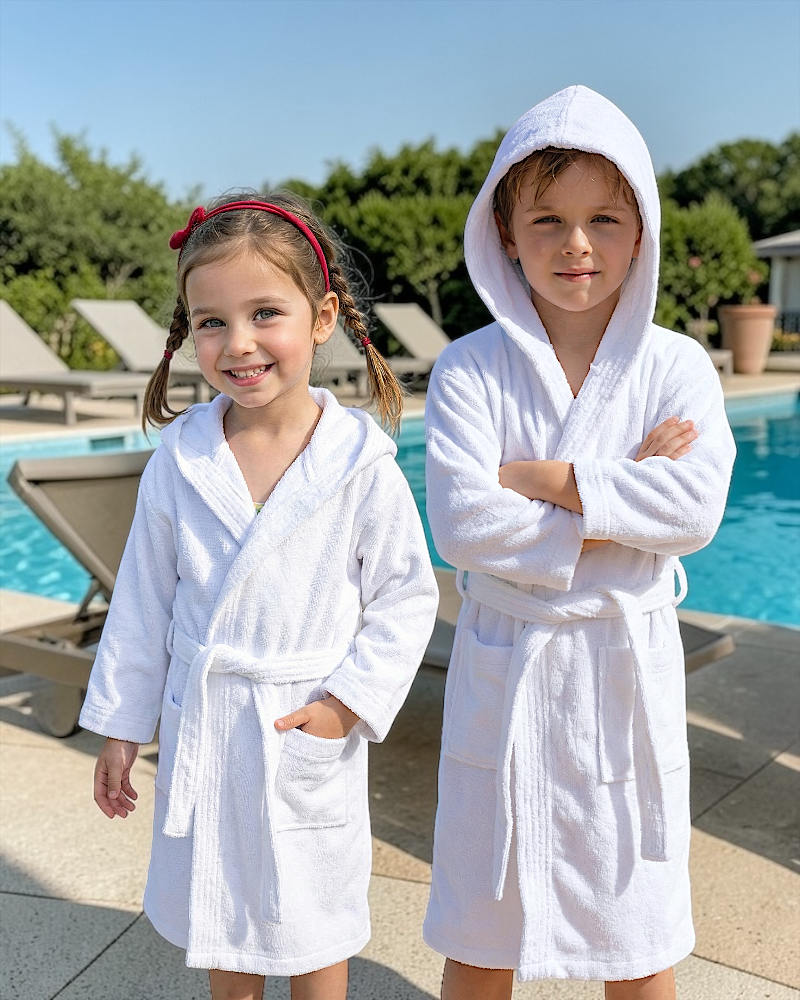 BATA DE BAÑO INFANTIL Y JUVENIL CON CAPUCHA, BOLSILLOS Y CINTA AJUSTABLE