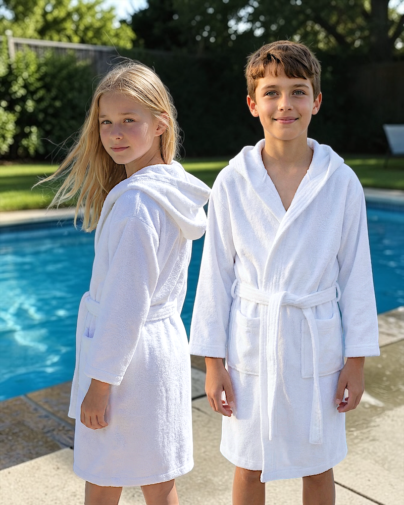 BATA DE BAÑO INFANTIL Y JUVENIL CON CAPUCHA, BOLSILLOS Y CINTA AJUSTABLE