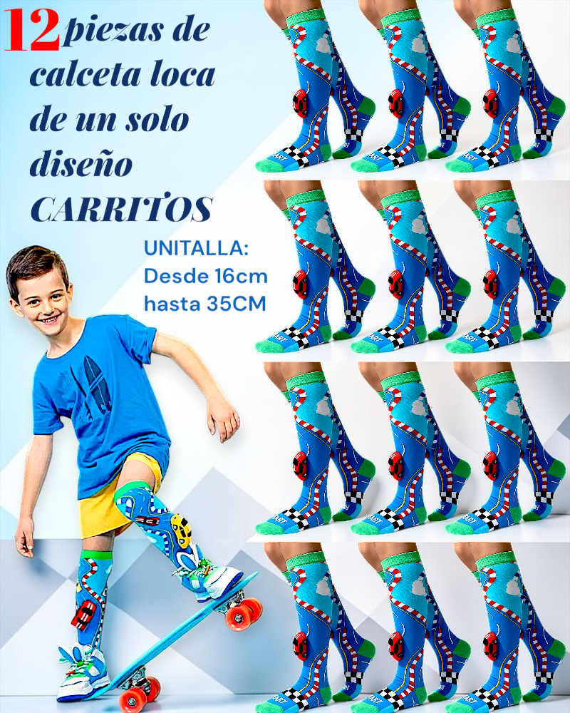 12 PARES DE CALCETA LOCA 3D PREMIUM CARRITOS  UNITALLA PARA PIES QUE MIDAN DESDE 15CM HASTA 33CM