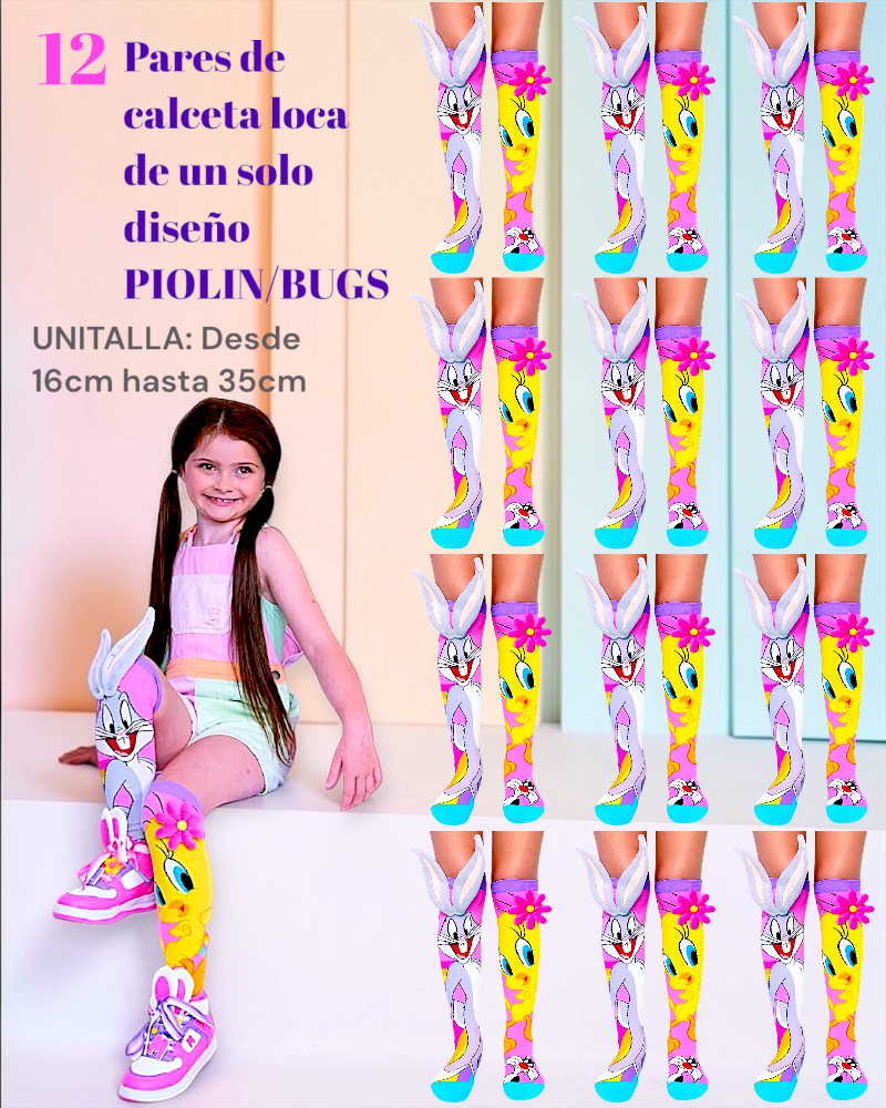 12 PARES DE CALCETA LOCA 3D PREMIUM piolin/bugsbunny UNITALLA PARA PIES QUE MIDAN DESDE 15CM HASTA 33CM