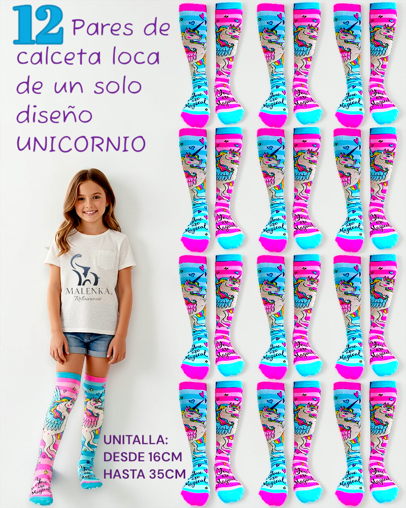 12 PARES DE CALCETA LOCA 3D PREMIUM UNICORNIO LUZ UNITALLA PARA PIES QUE MIDAN DESDE 15CM HASTA 33CM