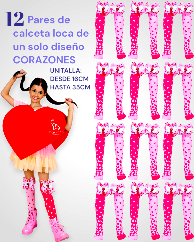 12 PARES DE CALCETA LOCA 3D PREMIUM CORAZONES UNITALLA PARA PIES QUE MIDAN DESDE 15CM HASTA 33CM