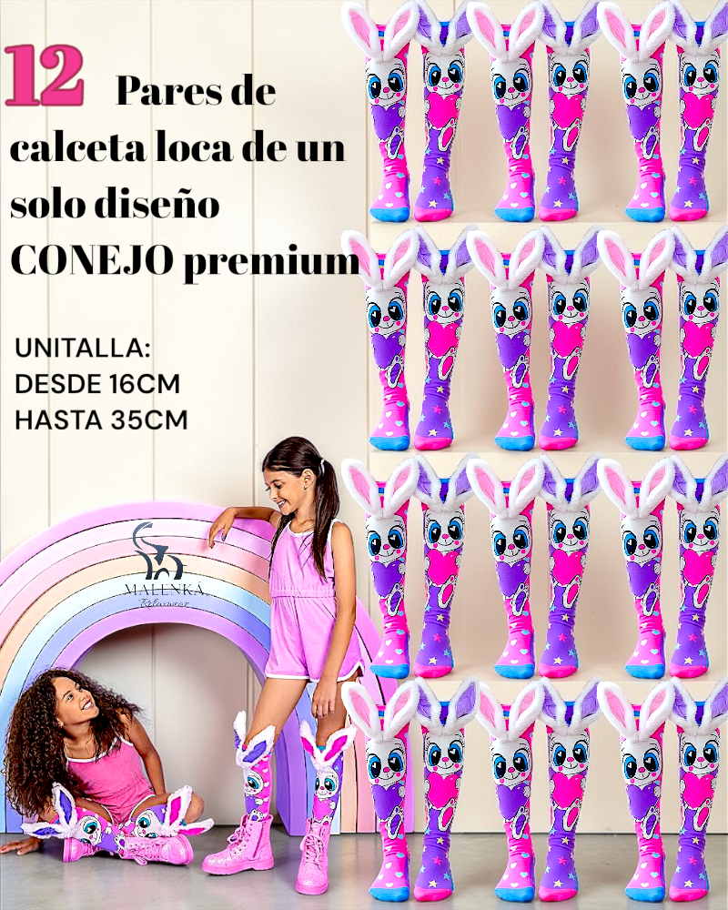 12 PARES DE CALCETA LOCA 3D PREMIUM CONEJO UNITALLA PARA PIES QUE MIDAN DESDE 15CM HASTA 33CM