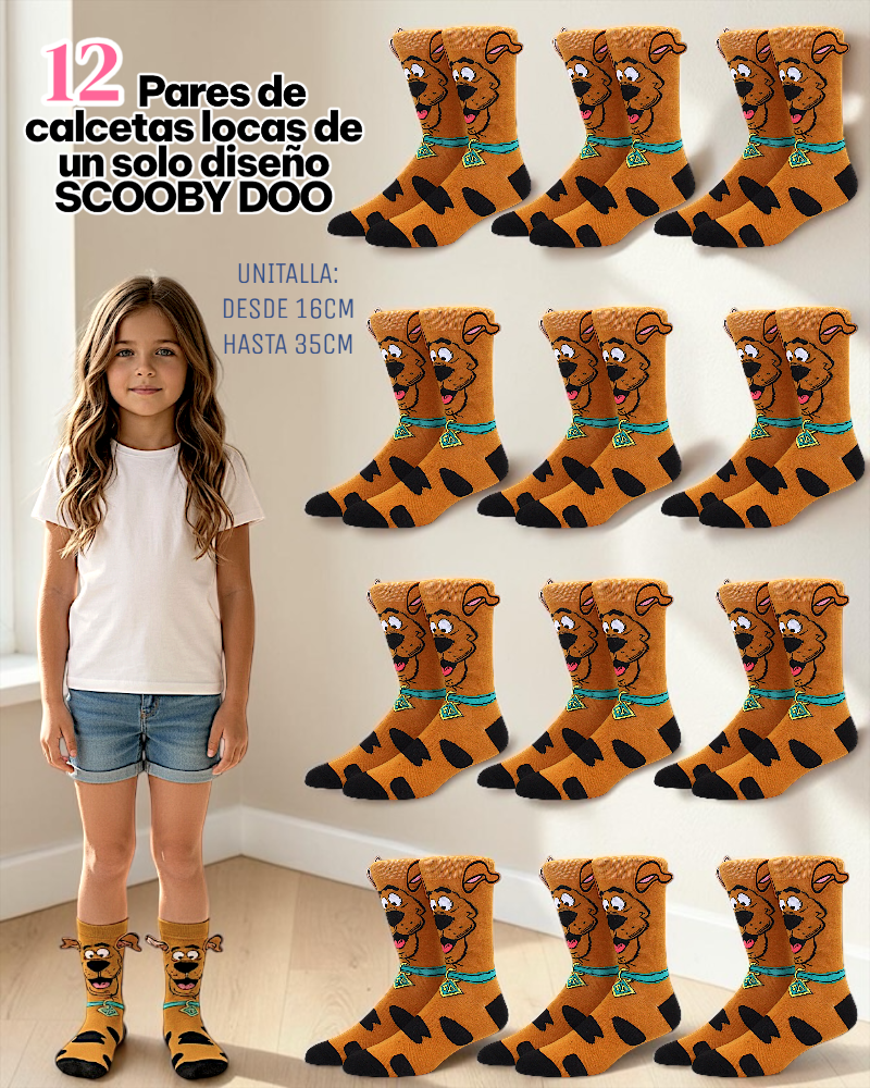 12 PARES DE CALCETA LOCA TALLA 1 A 5 AÑOS (13 A 20cm) UN SOLO DISEÑO SCOOBY DOO