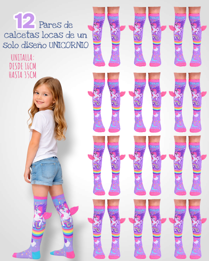12 PARES DE CALCETA LOCA TALLA 1 A 5 AÑOS (13 a 20cm) un solo diseño UNICORNIO