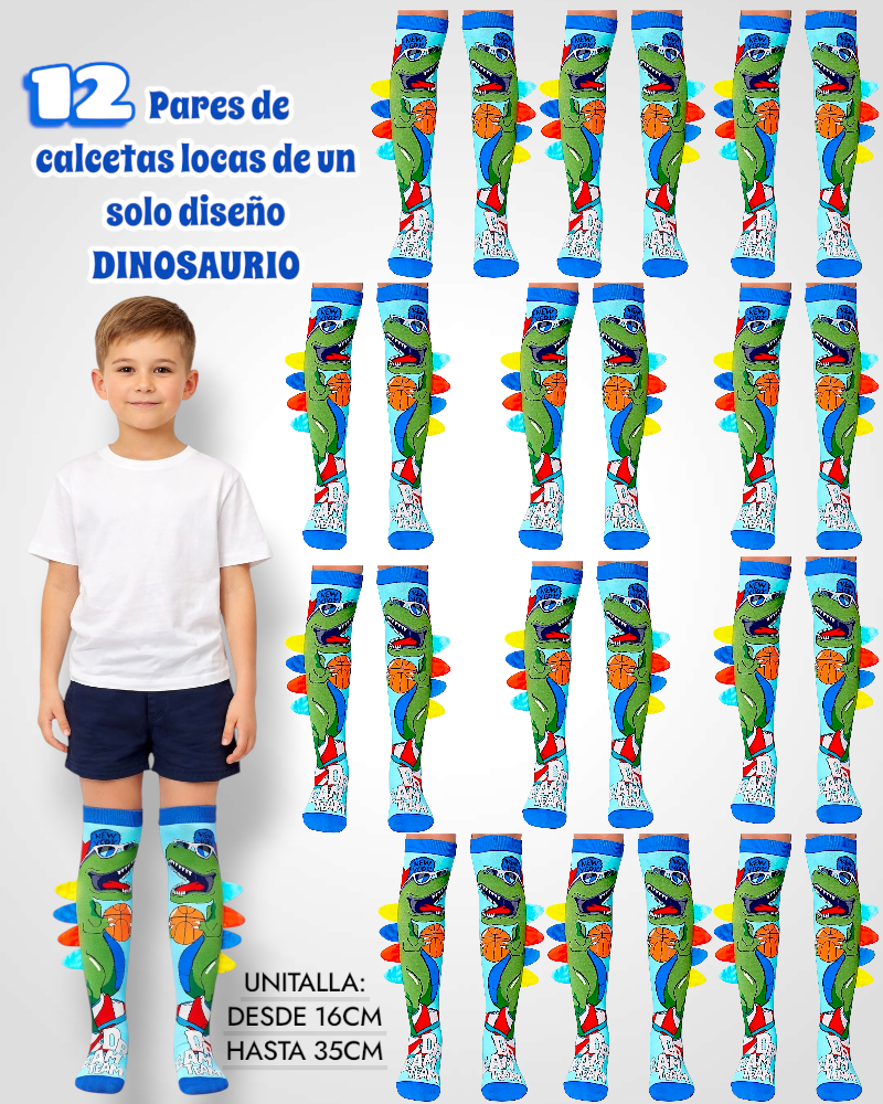 12 PARES DE CALCETA LOCA TALLA 1 A 5 AÑOS (13 a 20cm) un solo diseño DINOSAURIO