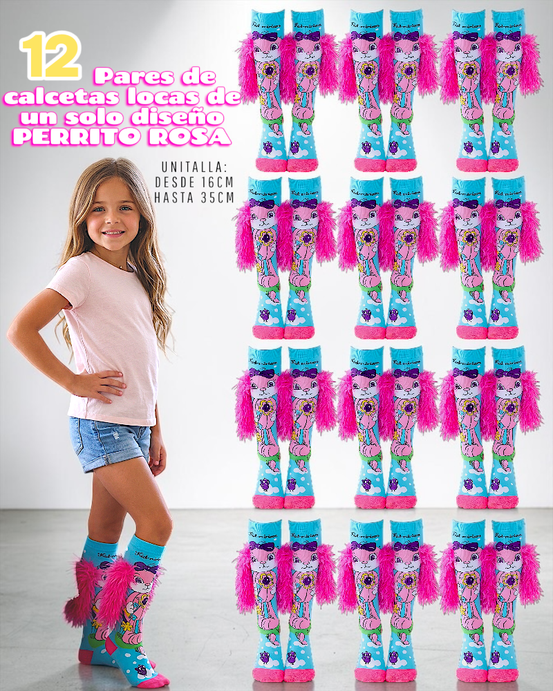 12 PARES DE CALCETA LOCA TALLA 1 A 5 AÑOS (13 a 20cm) un solo diseño PERRITO OREJAS ROSAS