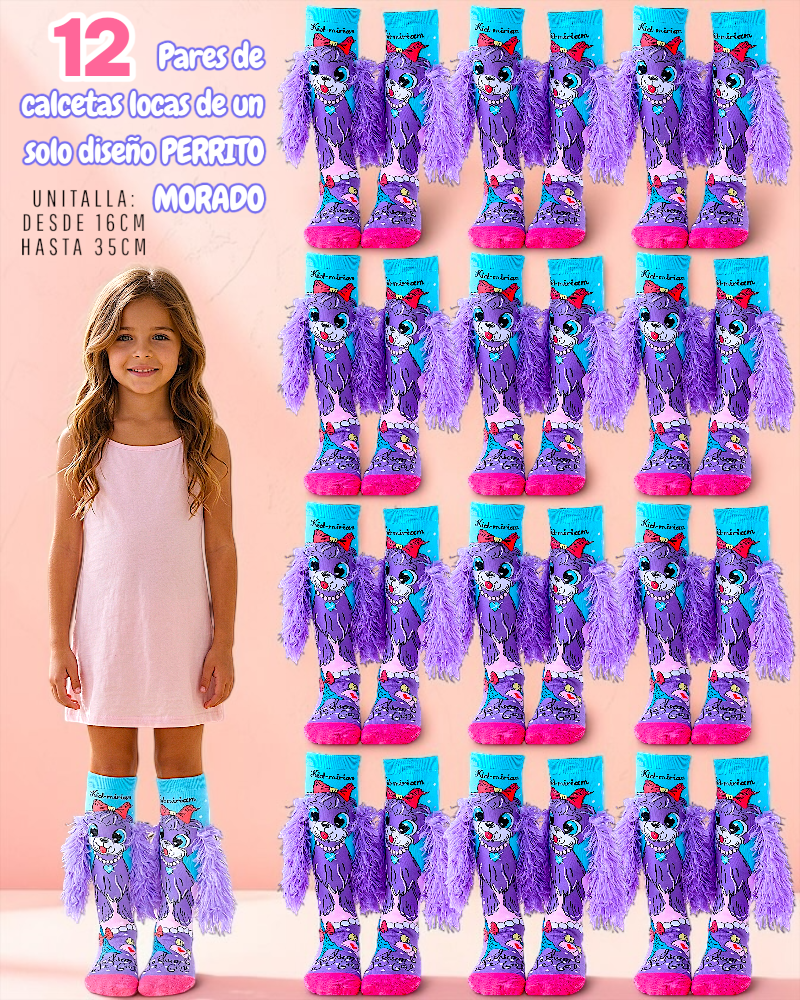 12 PARES DE CALCETA LOCA TALLA 1 A 5 AÑOS (13 a 20cm) un solo diseño PERRITO OREJAS MORADAS