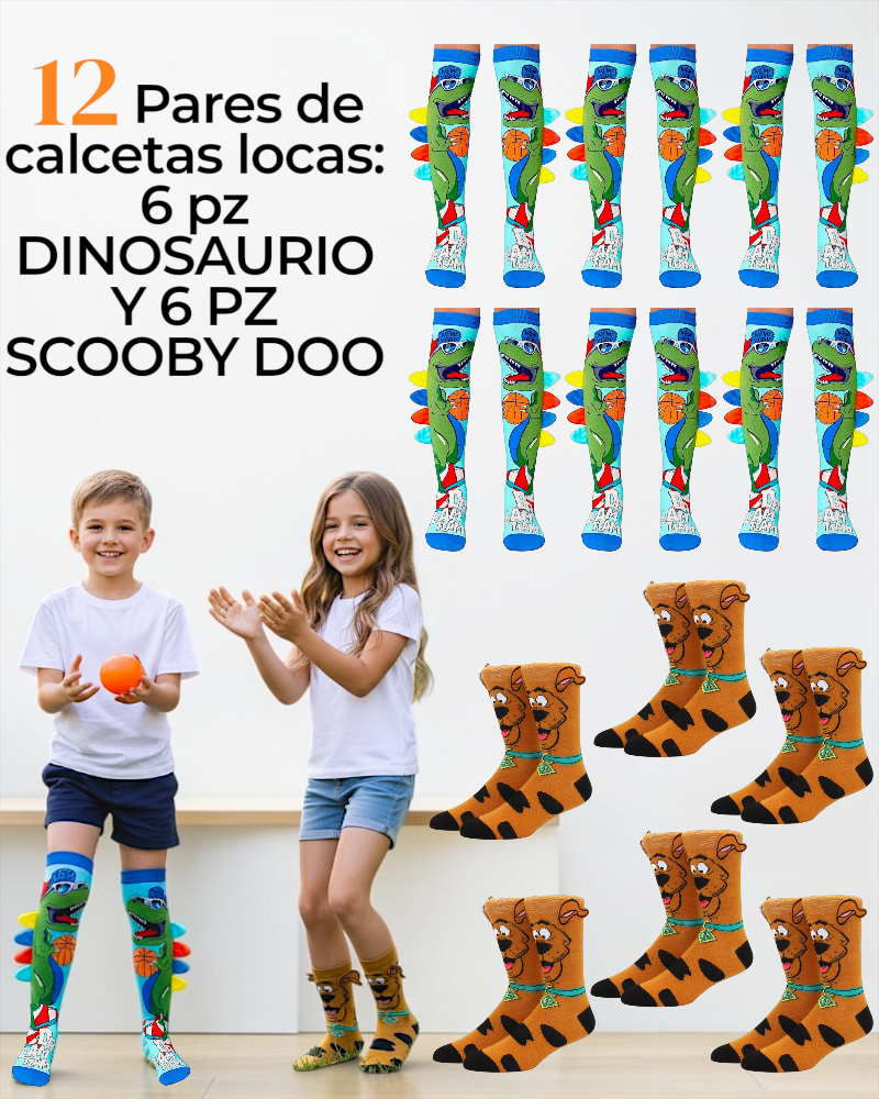 12 PARES DE CALCETA LOCA TALLA 1 A 5 AÑOS (13 a 20cM) 6 PARES DINOSAURIO Y 6PARES SCOOBY DOO