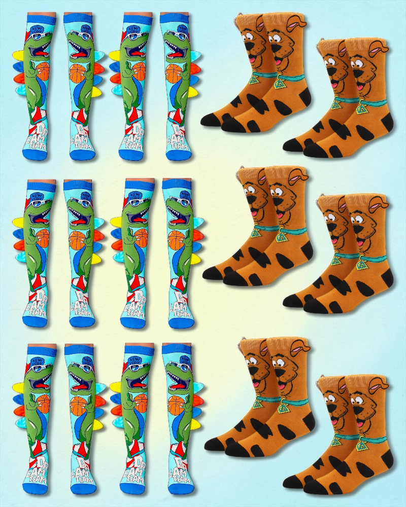 12 PARES DE CALCETA LOCA TALLA 1 A 5 AÑOS (13 a 20cM) 6 PARES DINOSAURIO Y 6PARES SCOOBY DOO