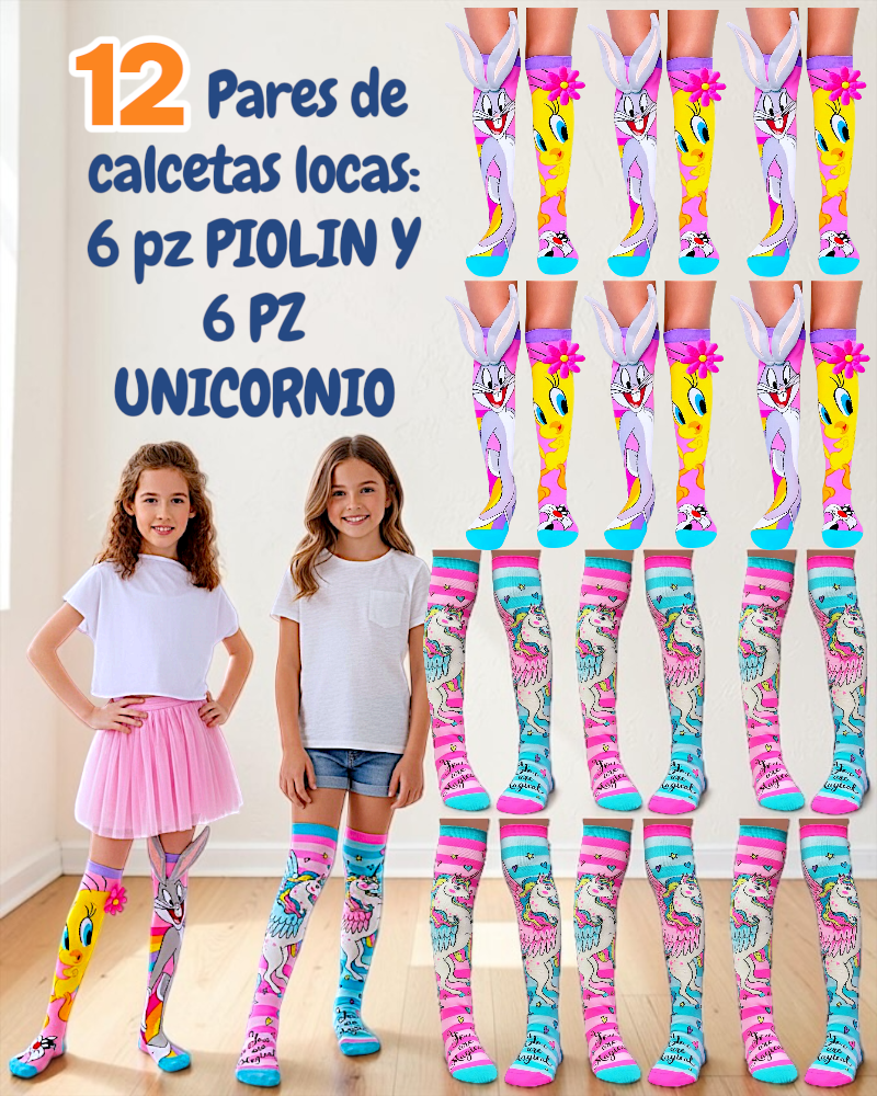 12 PARES DE CALCETA LOCA 3D PREMIUM PIOLIN/UNICORNIO UNITALLA PARA PIES QUE MIDAN DESDE 15CM HASTA 33CM