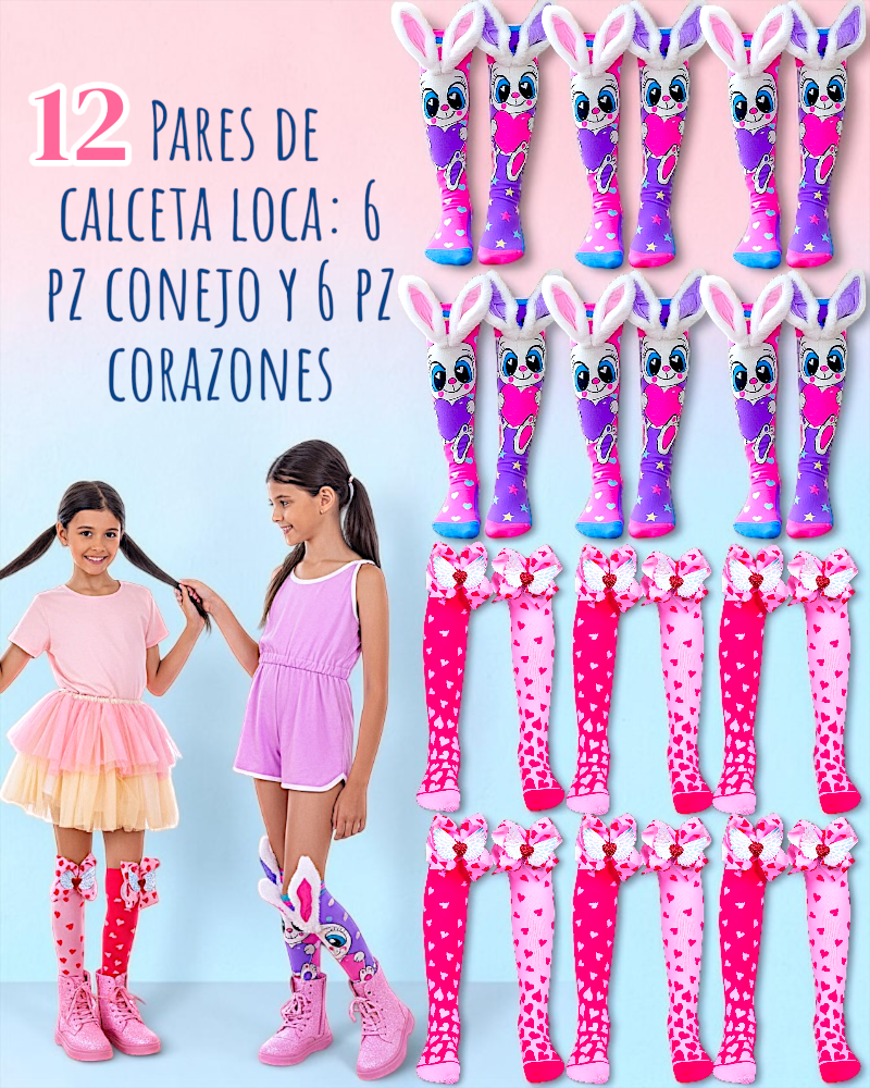 12 PARES DE CALCETA LOCA 3D PREMIUM CONEJO/CORAZONES UNITALLA PARA PIES QUE MIDAN DESDE 15CM HASTA 33CM