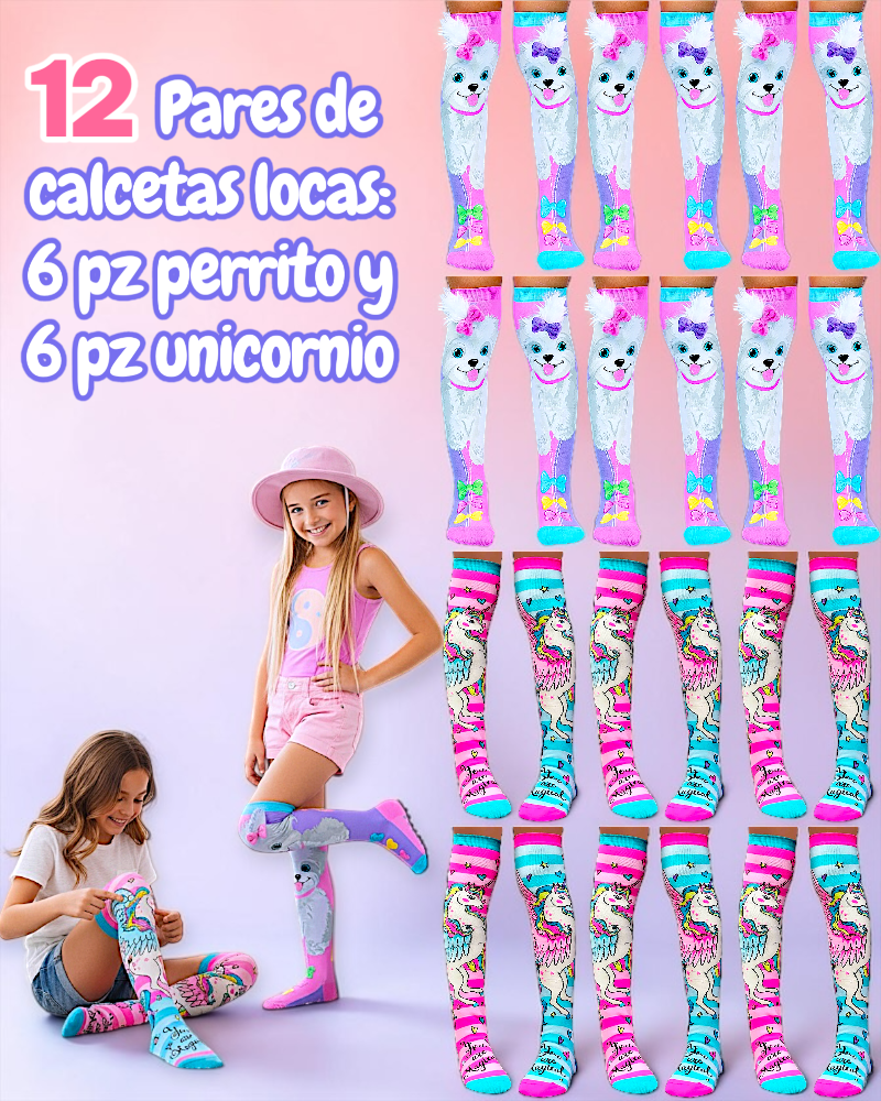 12 PARES DE CALCETA LOCA 3D PREMIUM PERRITO/UNICORNIO UNITALLA PARA PIES QUE MIDAN DESDE 15CM HASTA 33CM